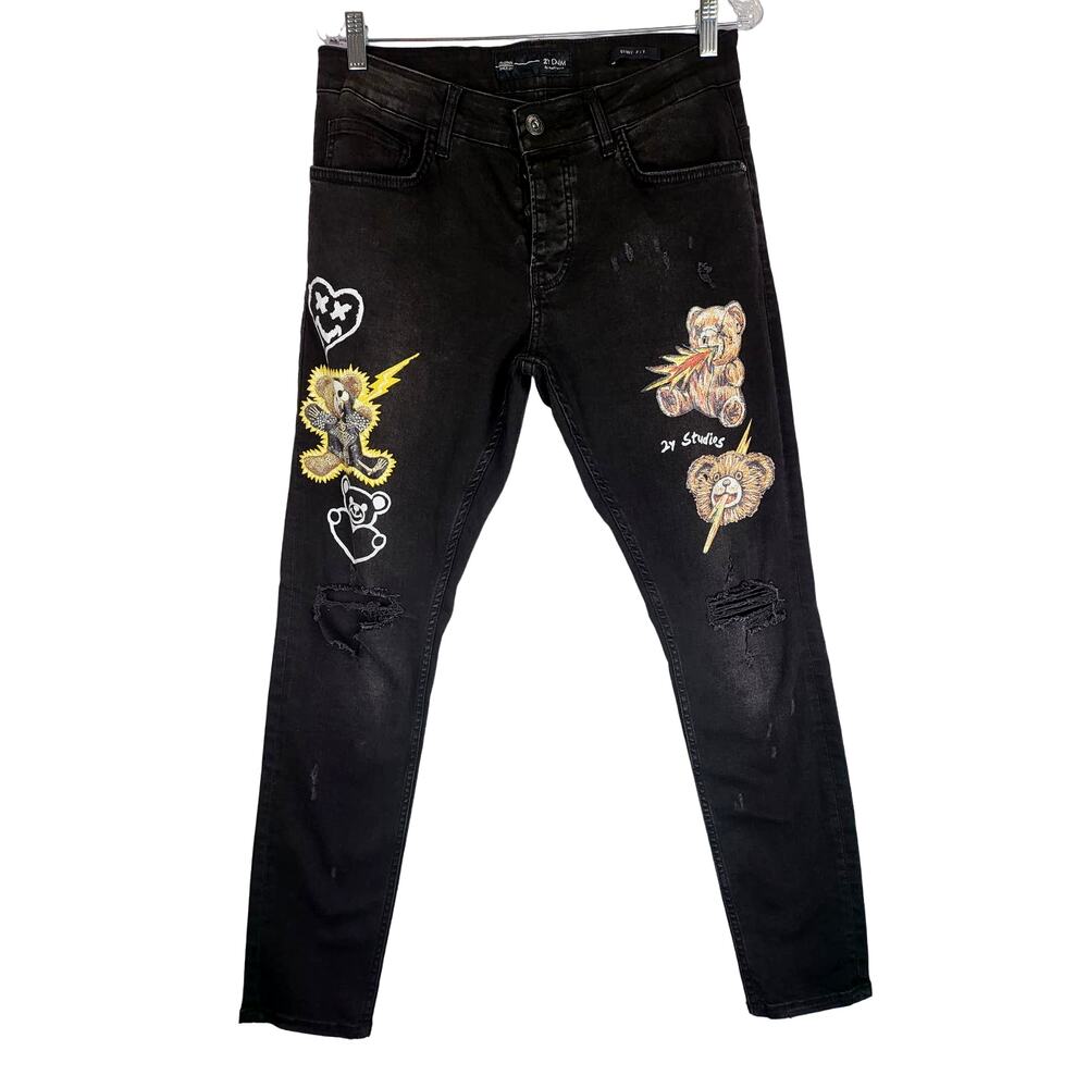 2Y DNM 2Y Premium  Distressed Teddy Denim‎ Black Streetwear Pants Size 32 #515